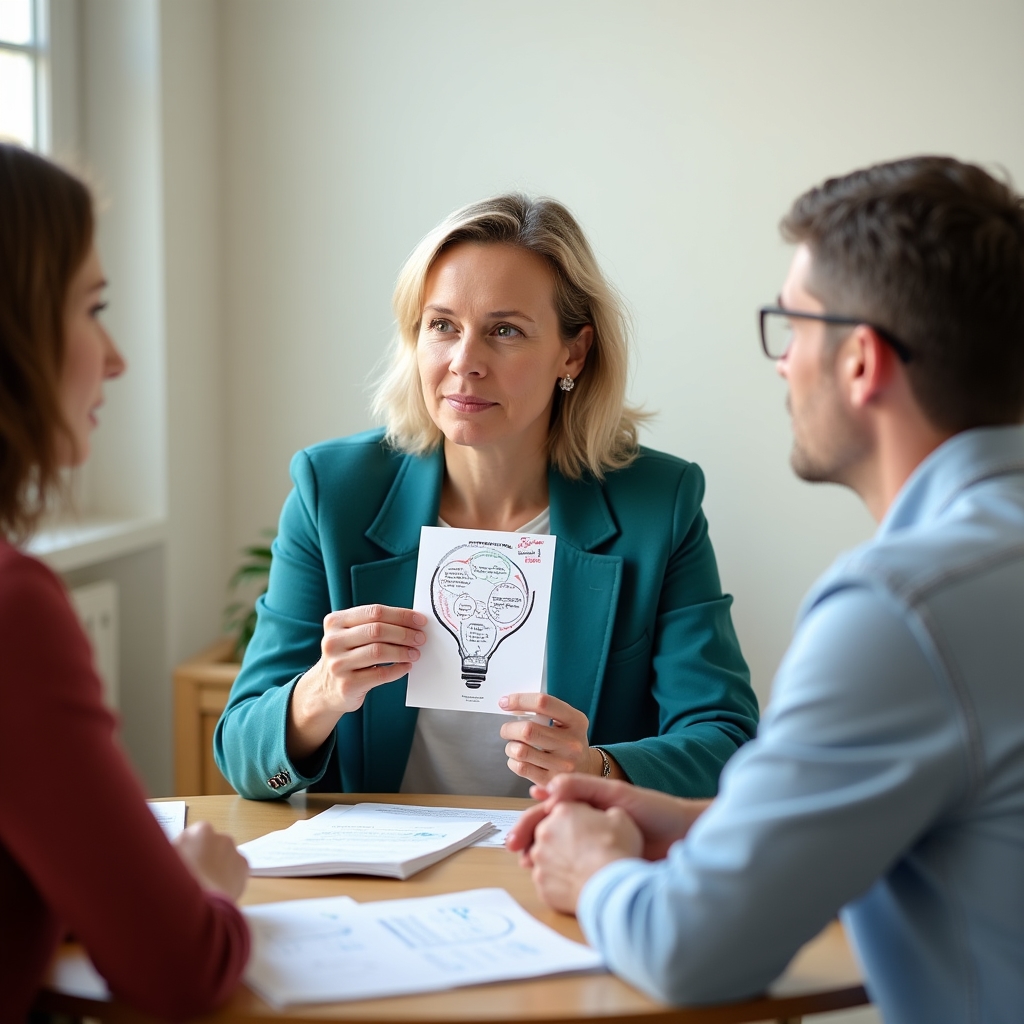 Facilitator explaining debt warning signs to a small group in a workshop setting