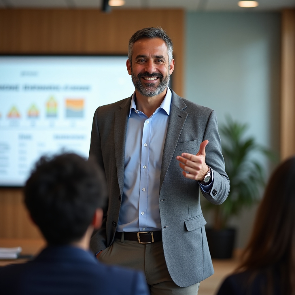 Financial education facilitator presenting to a small group in a civic center room