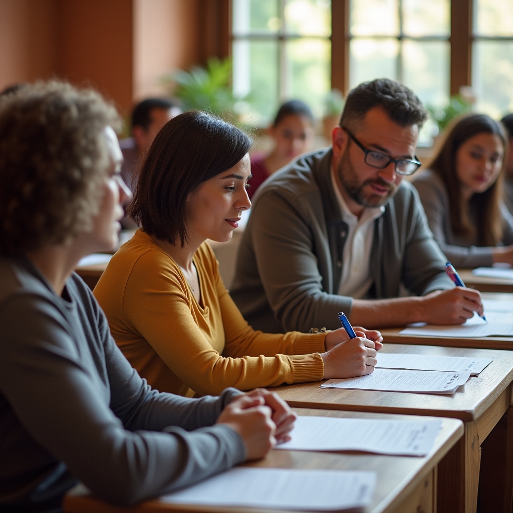Families participating in a financial education group session at a community center