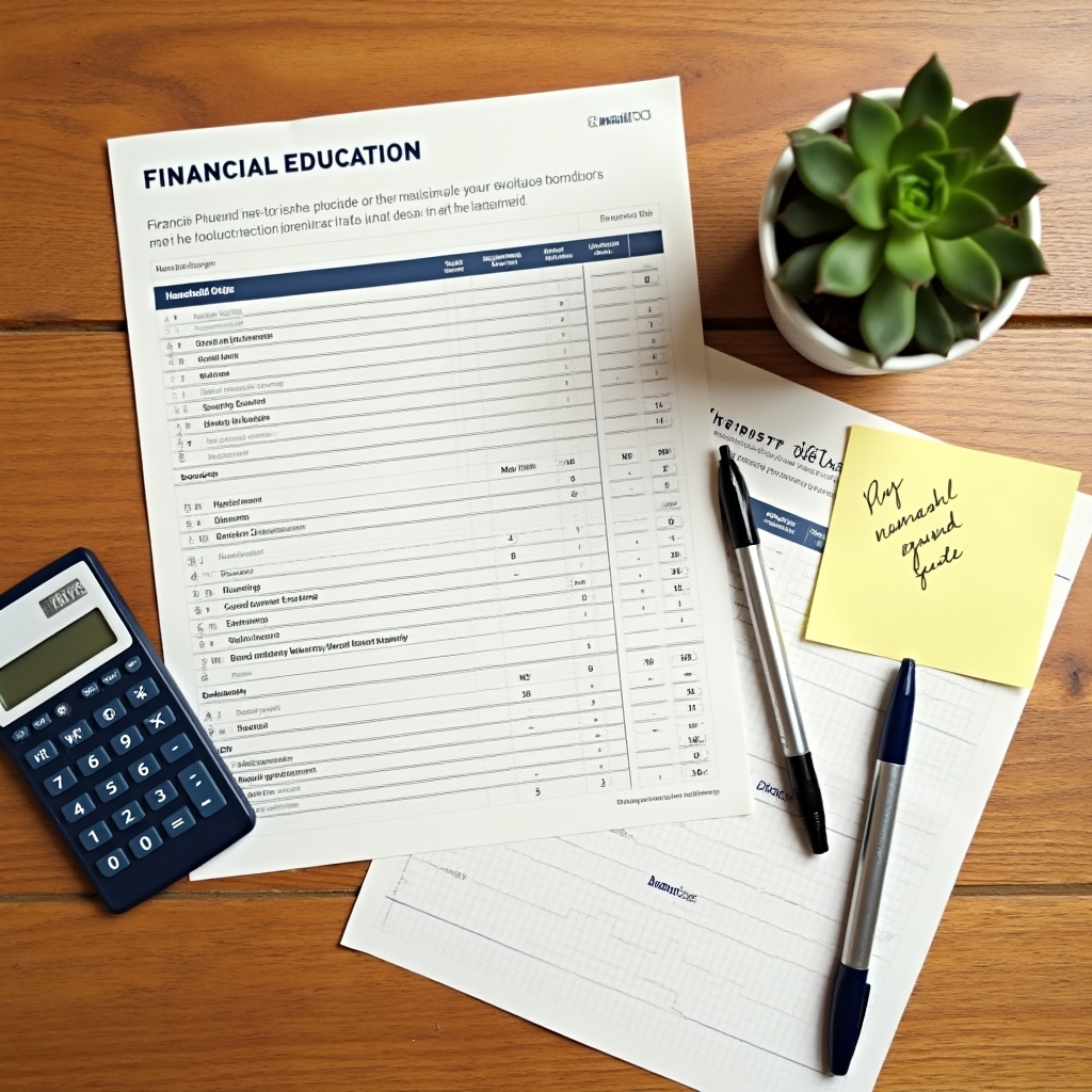 Printed financial education materials laid out on a table including budget worksheets and reference guides