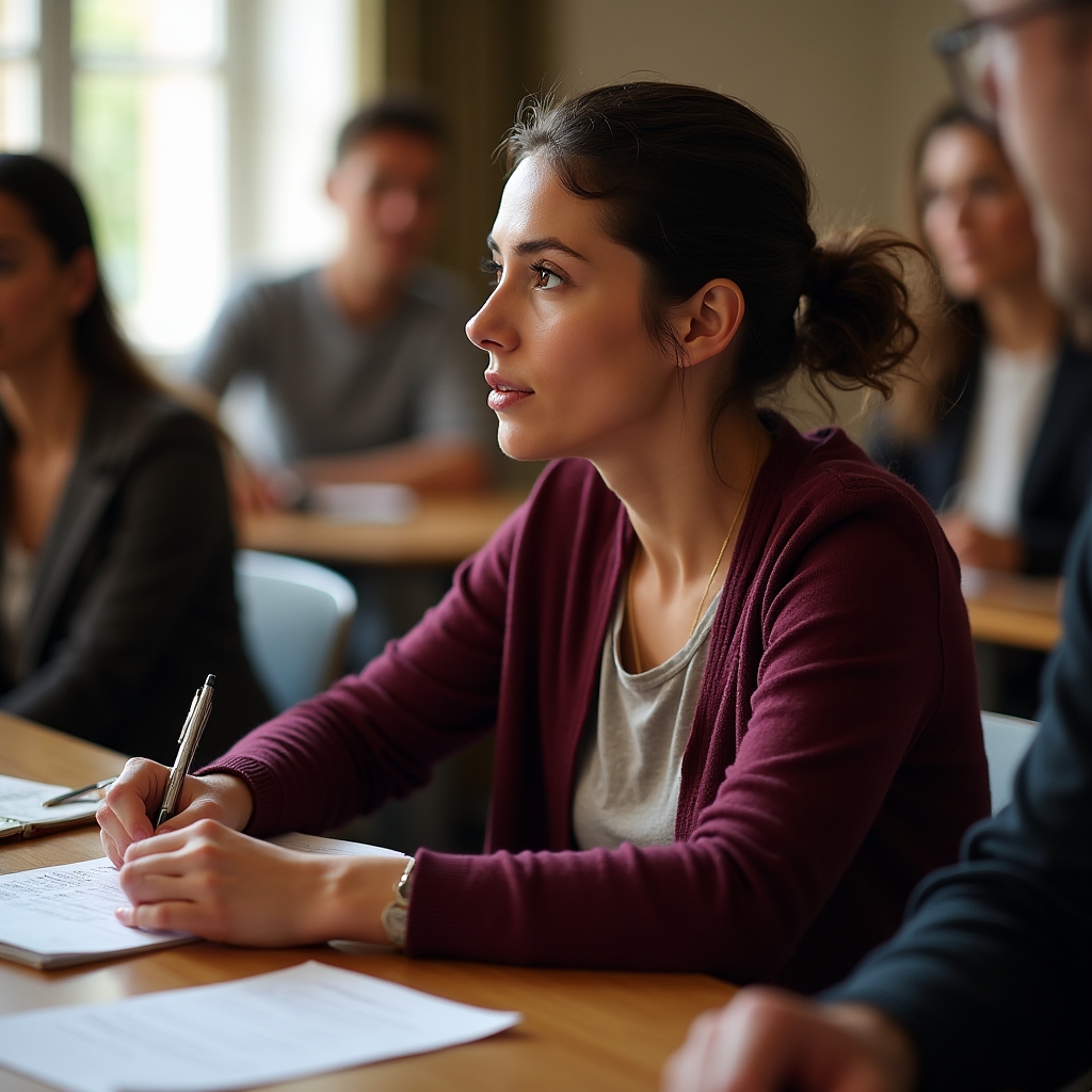 Workshop participant taking notes during a financial education session at a civic center