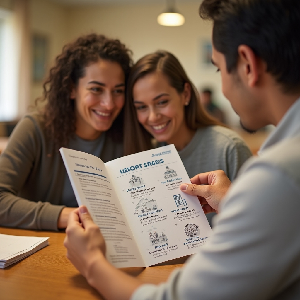 Workshop facilitator showing a family a printed guide to social benefits and public support programmes